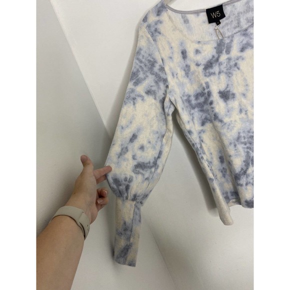 W5 Long Sleeve Soft Fleece Top Gray Tie Dye Puff Sleeve Pullover Sz L New - Picture 2 of 5